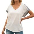 Elenxs Casual Loose Top Women T-shirt Summer V Neck Stripe Short Sleeve