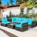 Latitude Run® 7pcs Patio Rattan Furniture Set Sectional Sofa Garden Turquoise Cushion Wicker/Rattan in Blue/Gray | Wayfair