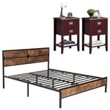 Taomika Retro 3-pieces Bedroom Set with Bed and Wood Nightstands