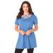 Plus Size Women's Lattice-Neck Short Sleeve Ultimate Tunic by Roaman's in Horizon Blue (Size 14/16)