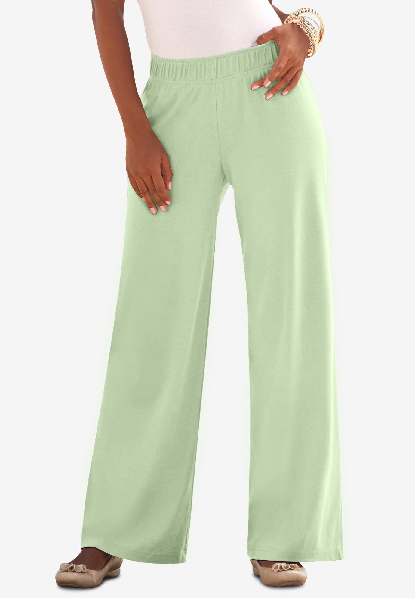 Plus Size Women's Plus Size Pull-On Wide Leg Soft Knit Pant by Roaman's in Green Mint (Size 1X) Pull On Elastic Waist