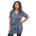 Plus Size Women's Short-Sleeve Angelina Tunic by Roaman's in Navy Mirrored Medallion (Size 18 W) Long Button Front Shirt