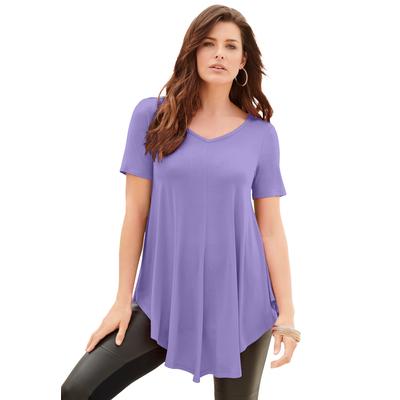 Plus Size Women's Swing Ultra Femme Tunic by Roaman's in Vintage Lavender (Size 14/16) Short Sleeve V-Neck Shirt