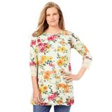 Plus Size Women's Crochet-Trim Three-Quarter Sleeve Tunic by Woman Within in Ivory Yellow Watercolor Floral (Size 30/32)