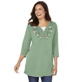 Plus Size Women's 7-Day Layered-Look Embroidered Henley Tunic by Woman Within in Sage Flower Embroidery (Size 1X)