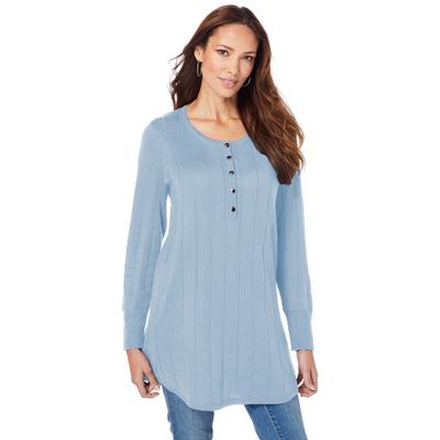 Plus Size Women's Fine Gauge Drop Needle Henley Sweater by Roaman's in Pale Blue (Size 6X)