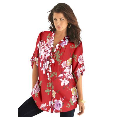 Plus Size Women's English Floral Big Shirt by Roaman's in Antique Strawberry Romantic (Size 28 W) Button Down Tunic Shirt Blouse