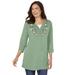 Plus Size Women's 7-Day Layered-Look Embroidered Henley Tunic by Woman Within in Sage Flower Embroidery (Size 5X)