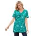 Plus Size Women's Perfect Printed Short-Sleeve Shirred V-Neck Tunic by Woman Within in Pretty Jade Jacquard Floral (Size 6X)