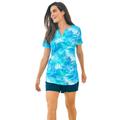 Plus Size Women's Split-Neck Short Sleeve Swim Tee with Built-In Bra by Swim 365 in Blue Multi Leaves (Size 30)