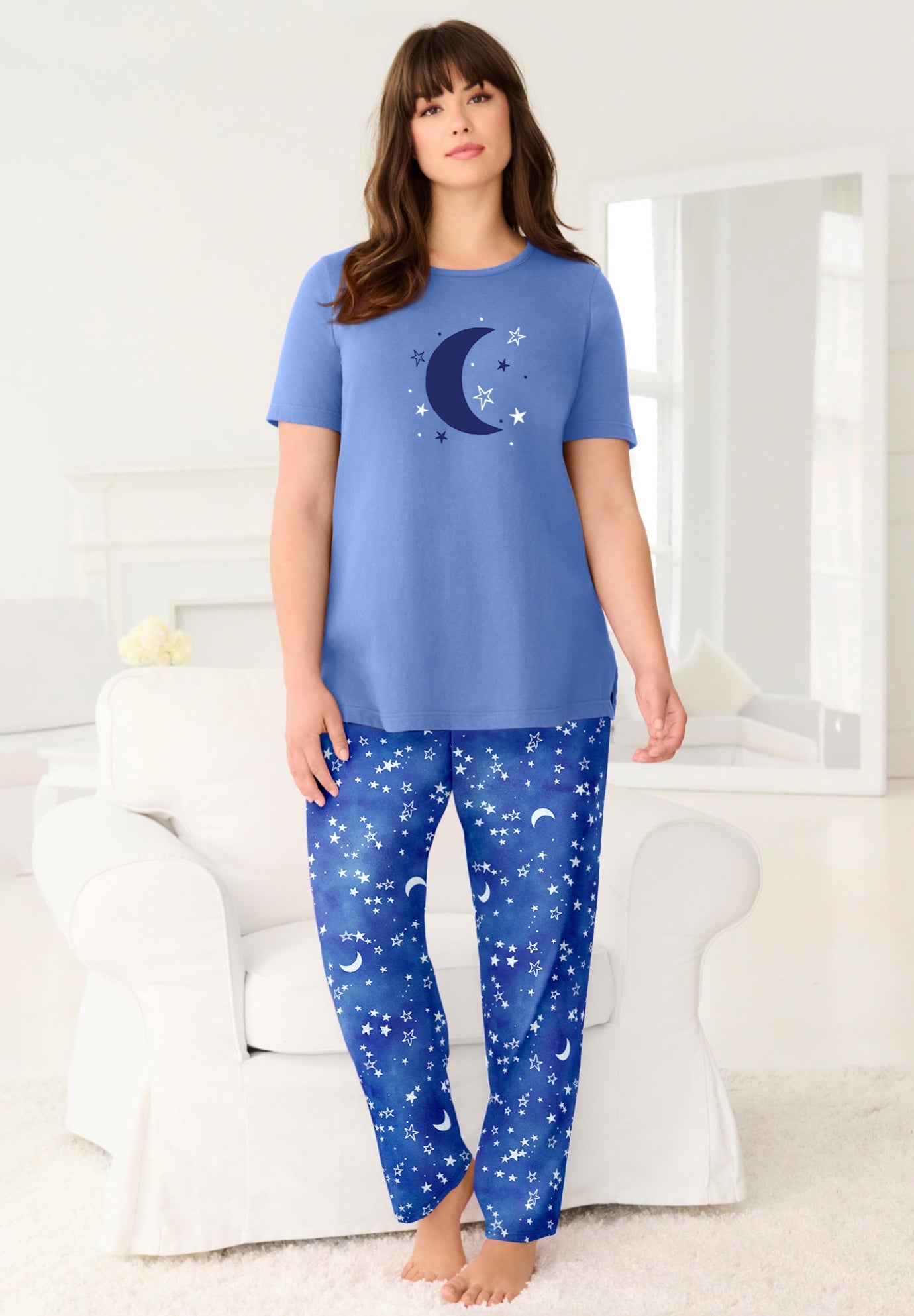 Plus Size Women's Graphic Tee PJ Set by Dreams & Co. in French Blue Tie Dye Moon (Size 3X) Pajamas