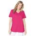 Plus Size Women's Short-Sleeve V-Neck Shirred Tee by Woman Within in Raspberry Sorbet (Size M)