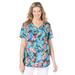 Plus Size Women's Short-Sleeve V-Neck Shirred Tee by Woman Within in Black Multi Tropicana (Size L)