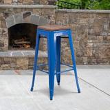 Flash Furniture Margherite High Backless Metal Outdoor Barstool w/ Square Wood Seat Wood in Blue | 30" | Wayfair CH-31320-30-BL-WD-GG