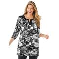 Plus Size Women's 7-Day Three-Quarter Sleeve Grommet Lace-Up Tunic by Woman Within in Black Graphic Floral (Size 1X)