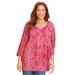 Plus Size Women's Sequin Trim Gauze Peasant Blouse by Catherines in Pink Burst Textured Stencil (Size 4X)