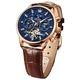 OLEVS Men Skeleton Watch Automatic Luxury Mechanical Wrist Watches Leather Strap Dress Casual Moon Phase Luminous Waterproof, Brown Leather & Blue Face,