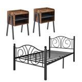 Taomika 3-Pieces Modern Black Metal Bed Frame and Brown Nightstand Sets