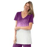 Plus Size Women's Short-Sleeve V-Neck Embroidered Dip Dye Tunic by Woman Within in Plum Purple Ombre (Size 5X)