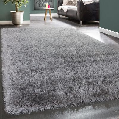 Hochflor Teppich Wohnzimmer Schlafzimmer Shaggy Einfarbig Flauschig Modern Grau 60x100 cm - Paco