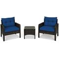 Costway 3 Pieces Outdoor Patio Rattan Conversation Set with Seat Cushions-Navy
