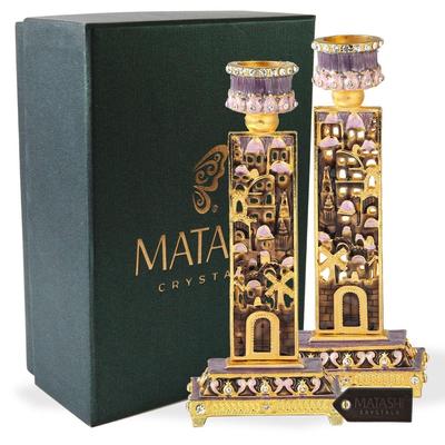 Matashi Shabbat Candlestick (2-Piece Set) Hand-Painted, Gold-Plated Pewter Adorned w/ City Wall, Personal or Religious Enjoyment