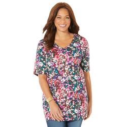 Plus Size Women's Easy Fit Short Sleeve V-Neck Tunic by Catherines in Classic Red Blooming Floral (Size 3X)