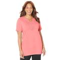 Plus Size Women's Easy Fit Embroidered Notch-Neck Tee by Catherines in Sweet Coral (Size 2X)