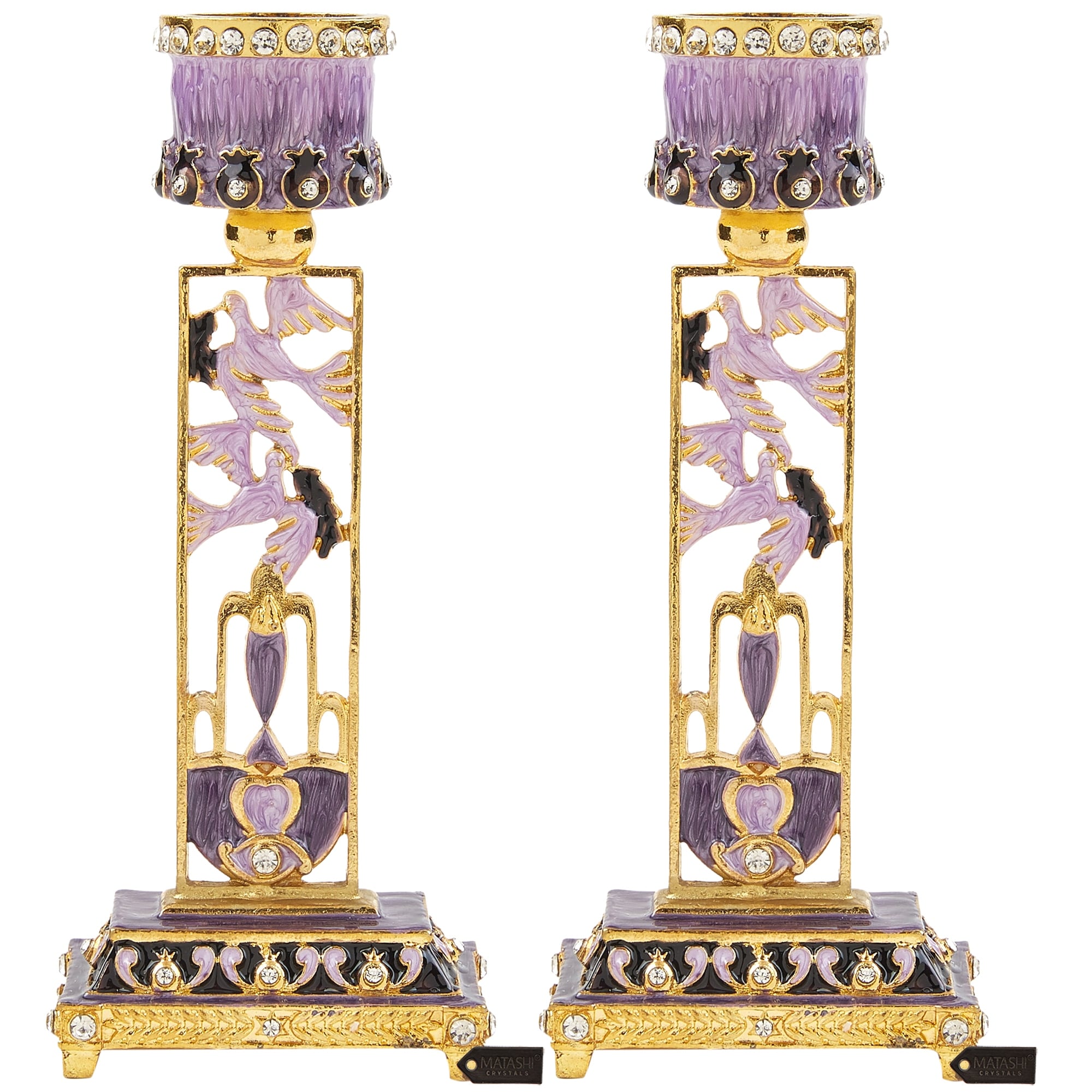 Matashi Shabbat Candlestick (2-Piece Set) Hand-Painted, Gold-Plated Pewter | Adorned w/ Doves, Religious Enjoyment (Purple)