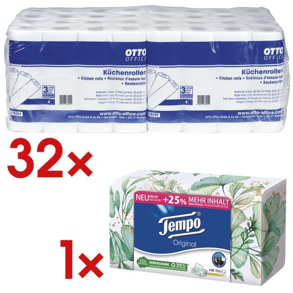 OTTO Office Küchenrollen 3-lagig, 32 Rollen (8 Pack à 4 Rollen) inkl. Taschentücher-Box »Ori weiß, 25.2 cm