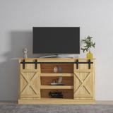 Farmhouse Sliding Barn Door TV Stand for TV up to 65 Inch Flat Screen Media Console Table Storage Cabinet Wood Brown