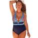 Plus Size Women's Plunge One Piece Swimsuit by Swimsuits For All in Navy Boho (Size 4)