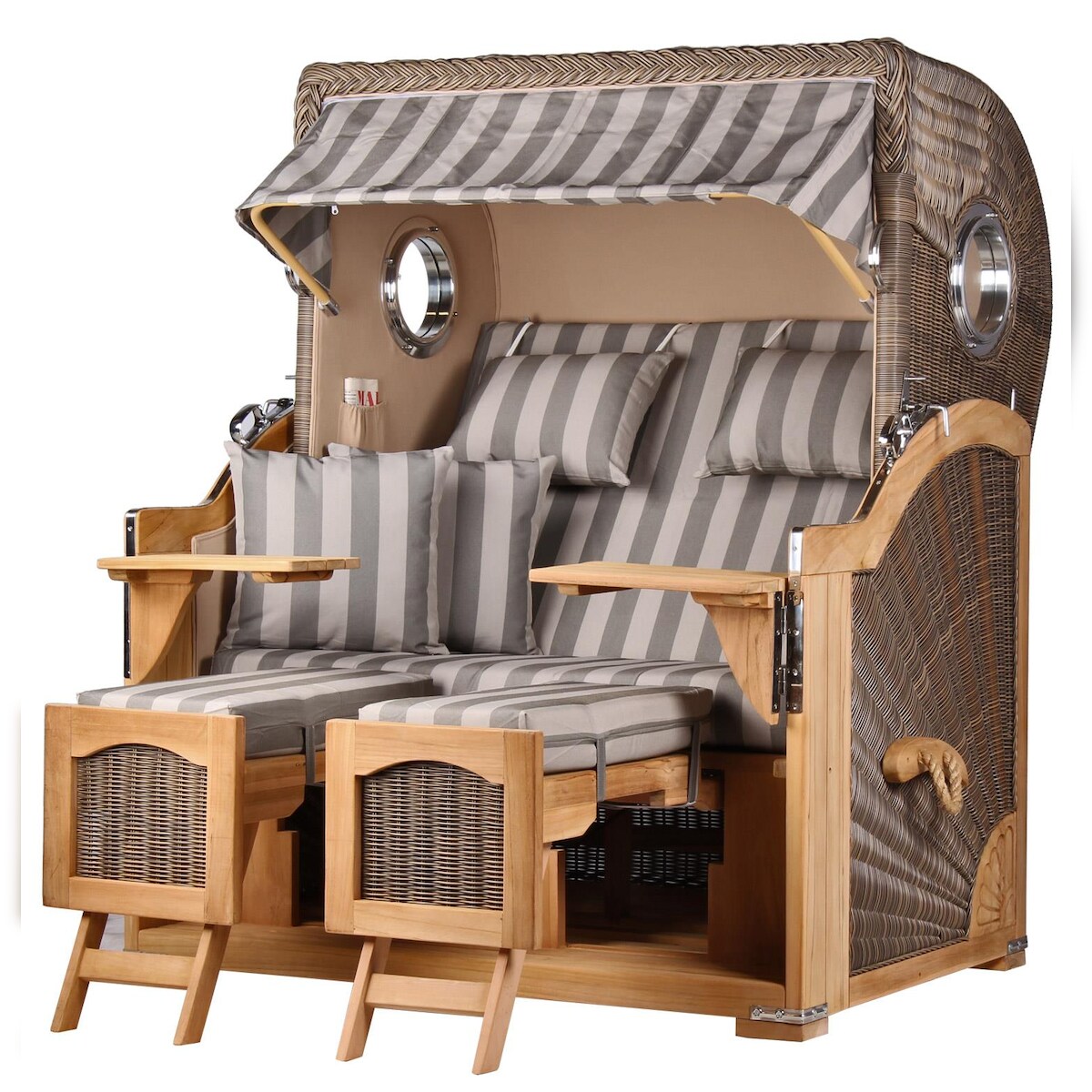 Mr. Deko Strandkorb - bene living - Ammersee Grande XL Teak Bullauge - PE grau - Modell 537 - 2,5-Sitzer inkl. Liftersystem Image