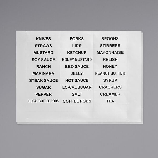 Choice Adhesive Label Sheets for Organizer Bins, Condiment Organizers, and Flatware Organizers - 2/Pack