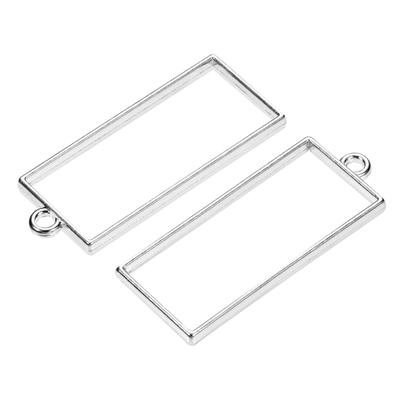 10Pcs Resin Pendants Frames 48x20mm Rectangle Alloy Hollow Charms - Silver Tone