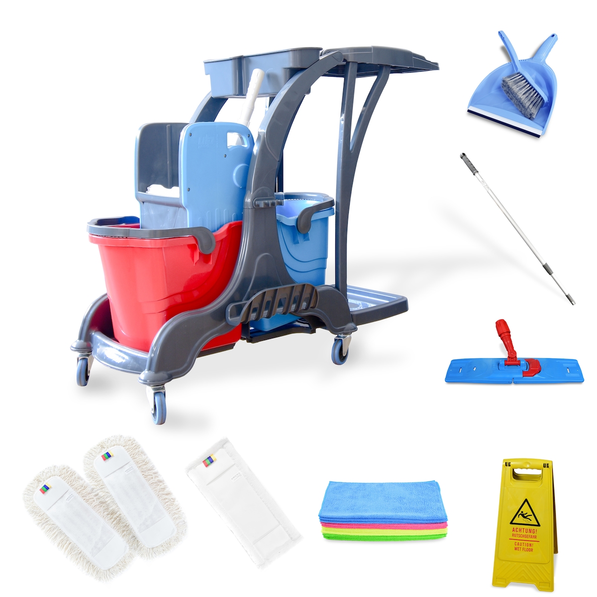 Hypafol Reinigungswagen Set |2x25 l Eimer |Wischmopp-Presse & Kehrgarnitur| 2x40cm Baumwoll Wischmopp, Mikrofaser-Mopp, 12 Mikrofasertücher|Warnschild Image