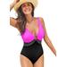Plus Size Women's Colorblock V-Neck One Piece Swimsuit by Swimsuits For All in Very Fuchsia (Size 16)
