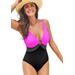 Plus Size Women's Colorblock V-Neck One Piece Swimsuit by Swimsuits For All in Very Fuchsia (Size 6)