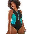 Plus Size Women's Chlorine Resistant High Neck Zip One Piece Swimsuit by Swimsuits For All in Crystal Blue (Size 12)