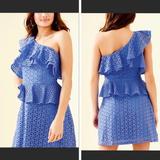 Lilly Pulitzer Dresses | Lily Pulitzer Blue One Shoulder Dress Josey Flounce Ruffled Peplum Lace | Color: Blue | Size: 8