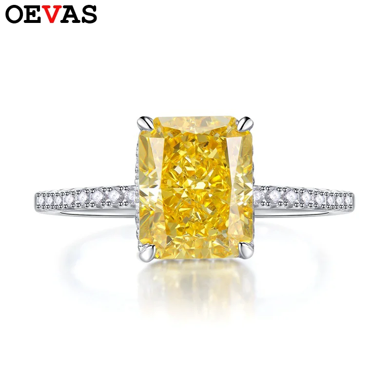 OEVAS 100% 925 argent Sterling 8*10mm jaune rose aigue-marine haute teneur en carbone diamant coupe rayonnante anneaux pour les femmes fête bijoux fins