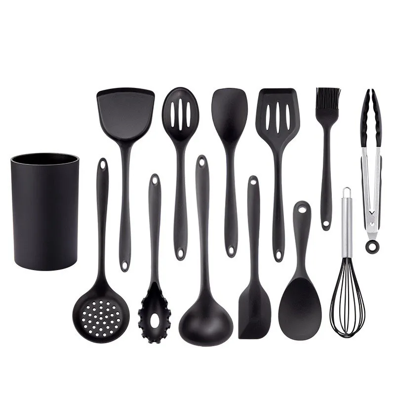 Ensemble d'ustensiles de cuisine en Silicone noir antiadhésif outils de cuisson à la poêle ustensiles de cuisine à fentes, spatule, cuillère, pinces à aliments Kit de cuisine