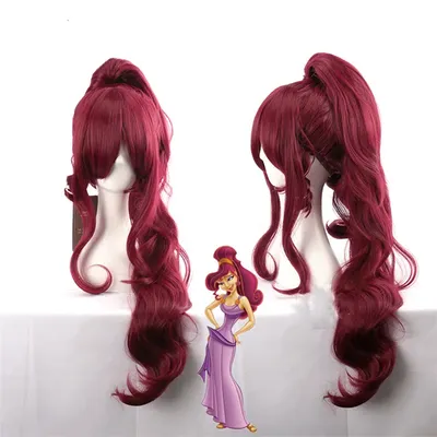 Perruque Cosplay Princesse Megara pour Adulte Cheveux Synthétiques Long Vin Rouge Bonnet