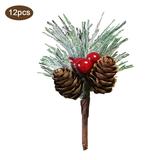 12pcs Simulated Flower Red Christmas Berry Pine Cone Picks Stems Christmas Tree Accessories for Holiday Home Ornament Flower Crafts