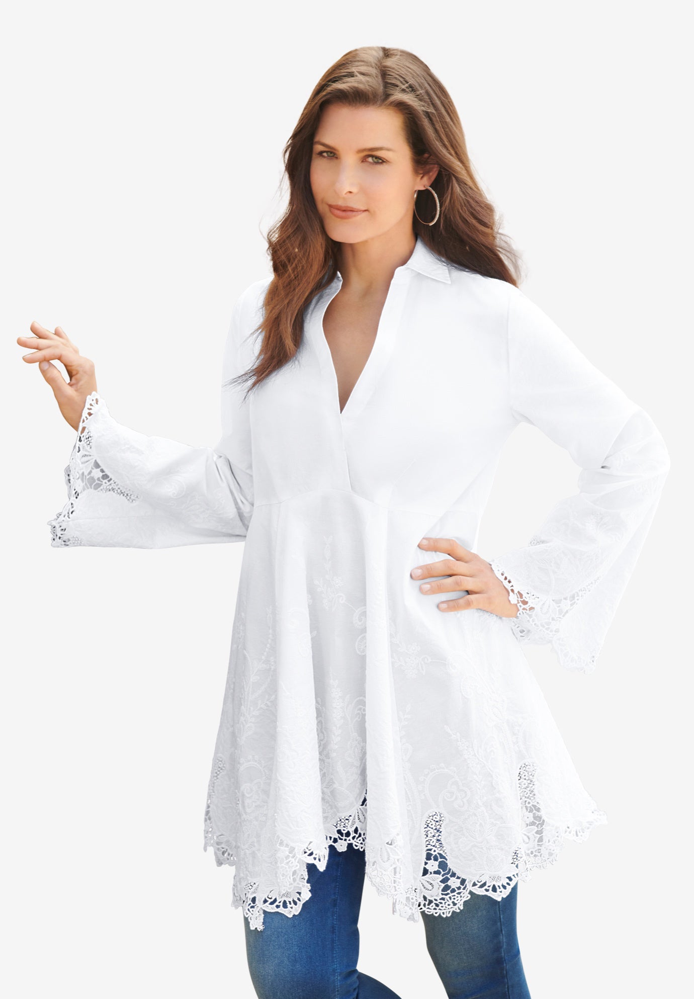 Plus Size Women's Poplin Embroidered Swing Tunic by Roaman's in White (Size 34 W) Long Shirt Blouse