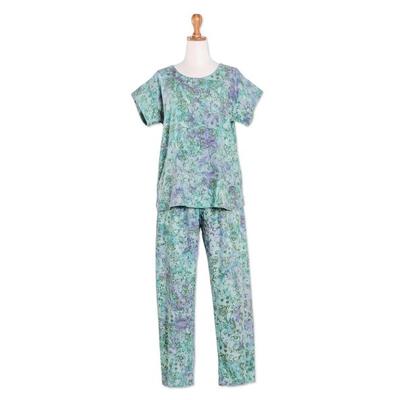 Balinese Garden,'Hand-Stamped Pajama Set with Garden Motif'