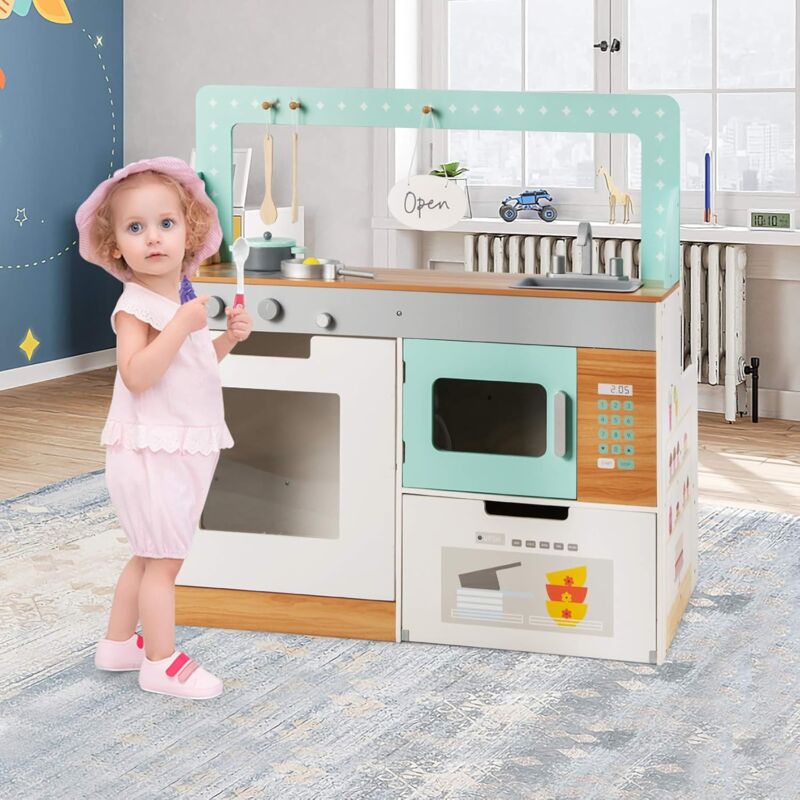 2 in 1 Spielküche & Restaurant, Beidseitig Verwendbare Kinderküche, Holzküchemit Sound, mit