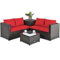 Costway 4 Pieces Outdoor Patio Rattan Furniture Set with Cushioned Loveseat and Storage Box-Red