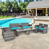 Costway 8PC Patio Rattan Furniture Set Glass Table Top Cushioned Sofa - 8-Piece Sets