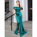 Robe Longue en Satin Froncée avec Ruban Tenue de Bal Formelle Plissée et Fendue